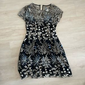 Adrianna Papell Black Dress with Silver and Blue Embroidery